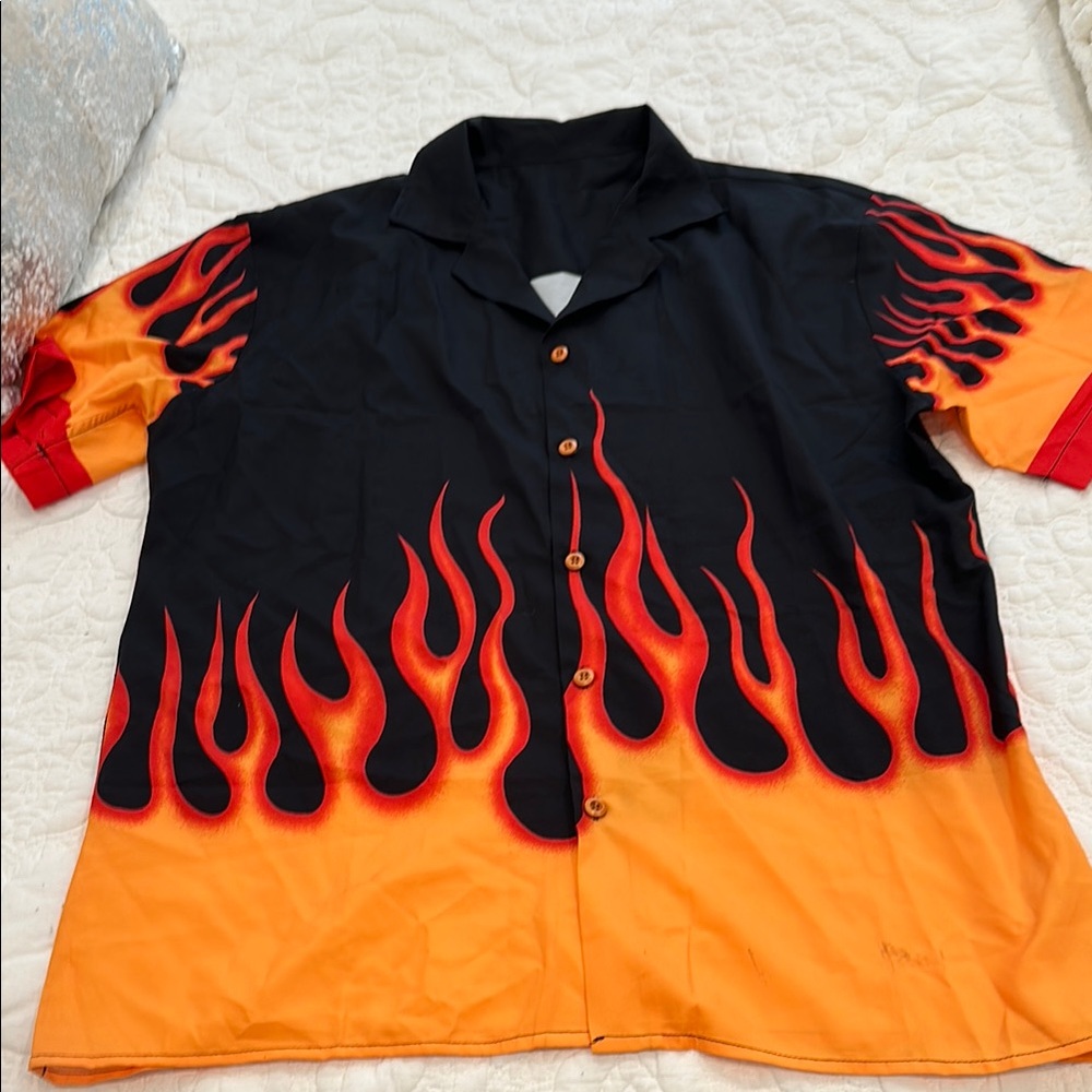 Flame Pattern Black and Orange Men's Casual Button Down Shirt